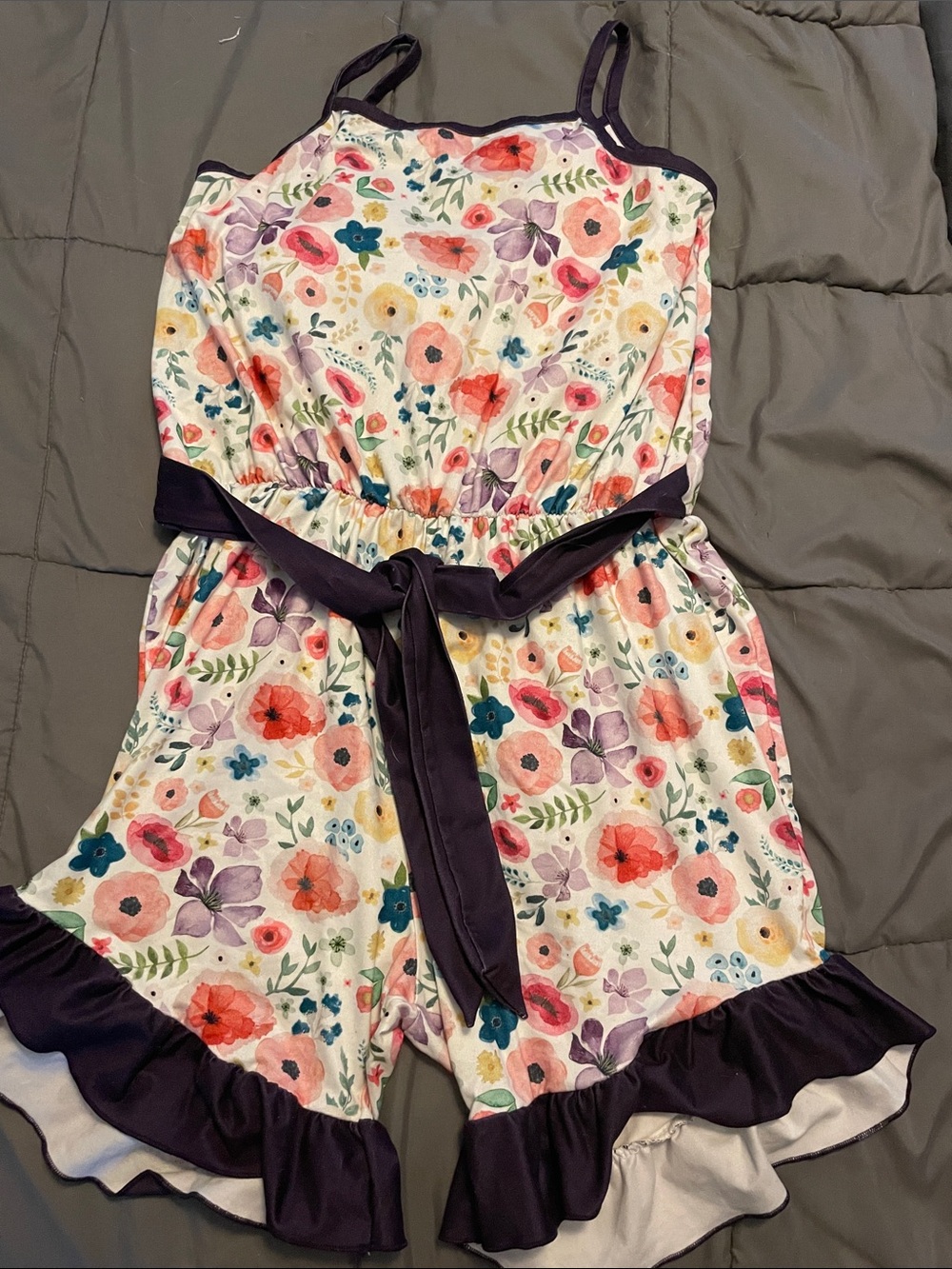 Floral Sleeveless Romper with Purple Trim size 10/12 Girls